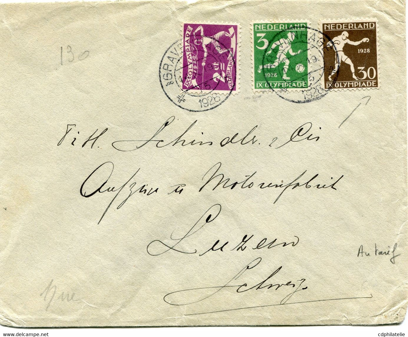 PAYS-BAS THEME JEUX OLYMPIQUES LETTRE DEPART GRAVENHAGE 14 X 1928 POUR LA SUISSE - Estate 1928: Amsterdam