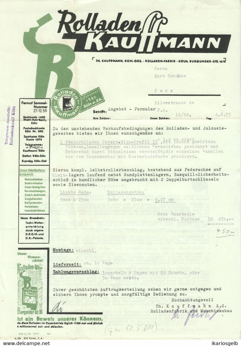 Köln 1955 Rechnung Farbig Besonders Deko " Rolladen-Kauffmann Burgunderstr.16 " Reklame - 1950 - ...