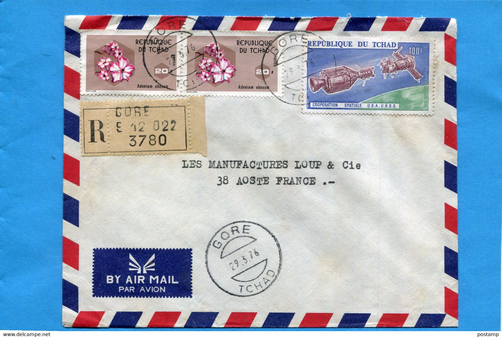 TCHAD- Registered  Letter-cad- GORE -1976- 3-stamp N°A157 SpaceURSS -USA+302 Flower - Tschad (1960-...)