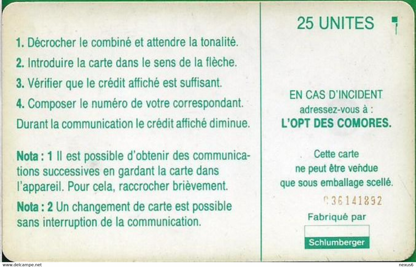 Comoros - OPT - Green OPT Logo, Chip SC7, Cn. C36141892, 25Units, Used (check Descrp.) - Comoros