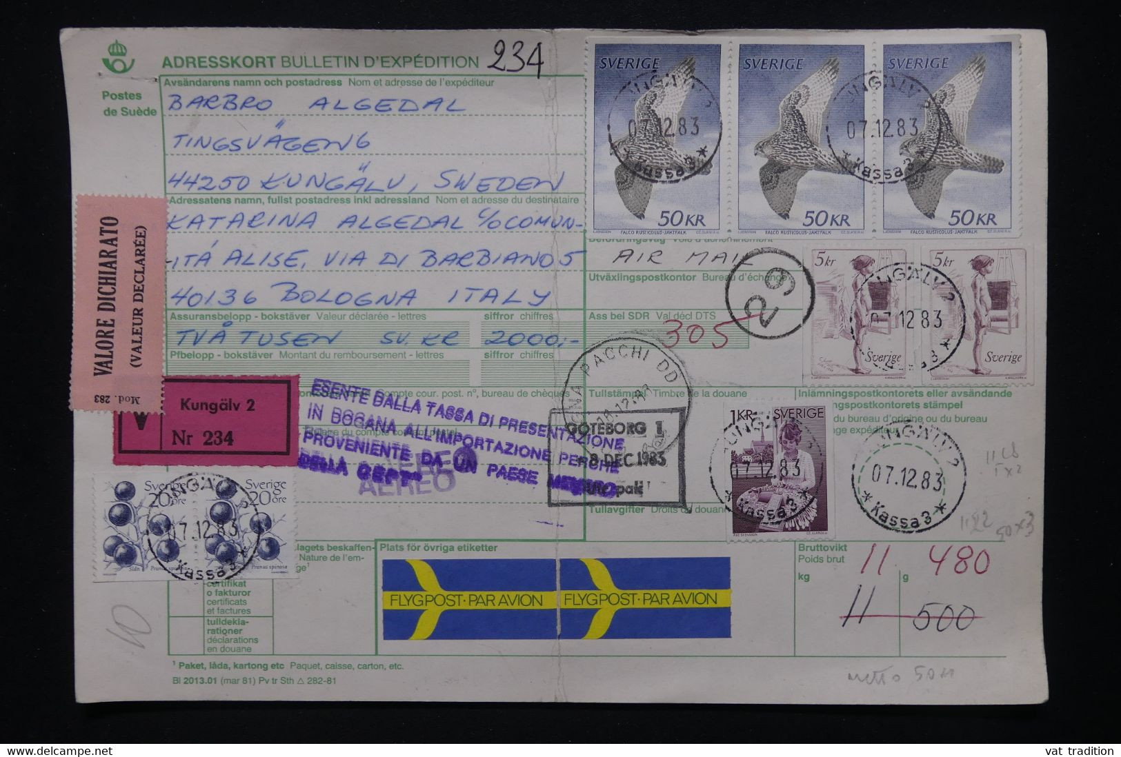 SUEDE - Bulletin D'expédition De Kungälv Pour L 'Italie En 1983 Par Avion - L 113714 - Brieven En Documenten