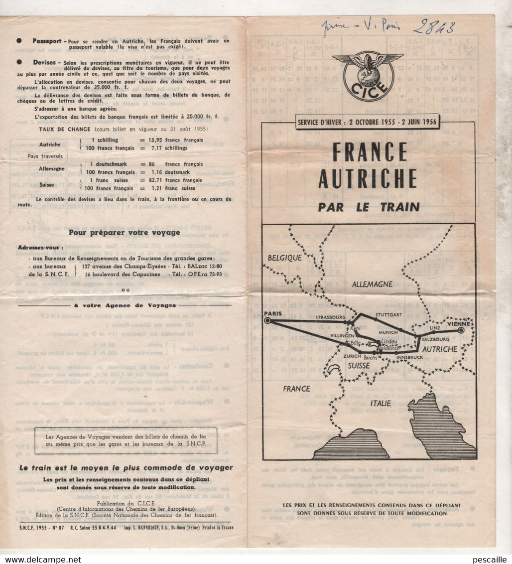 HIVER 1955 1956 - CICE - HORAIRES FRANCE AUTRICHE PAR LE TRAIN - Europa