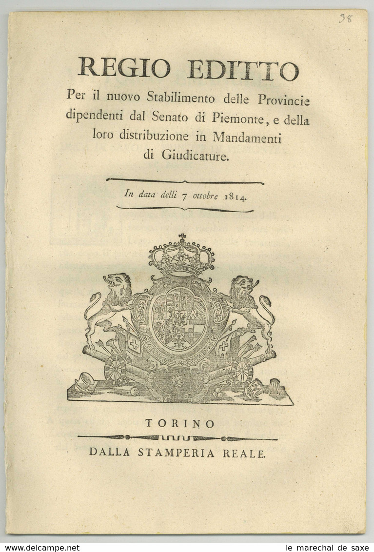 1814 Torino Regno Di Sardegna Royaume De Sardaigne Regio Editto Piemonte 40 Pp. In-fol. - Decrees & Laws