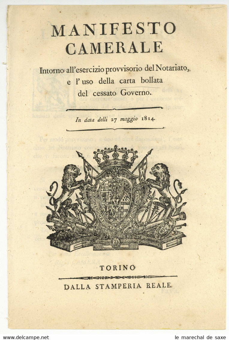 1814 Torino Regno Di Sardegna Royaume De Sardaigne Carta Bollata Stempelpapier Turin 2 Pp. In-fol - Decrees & Laws