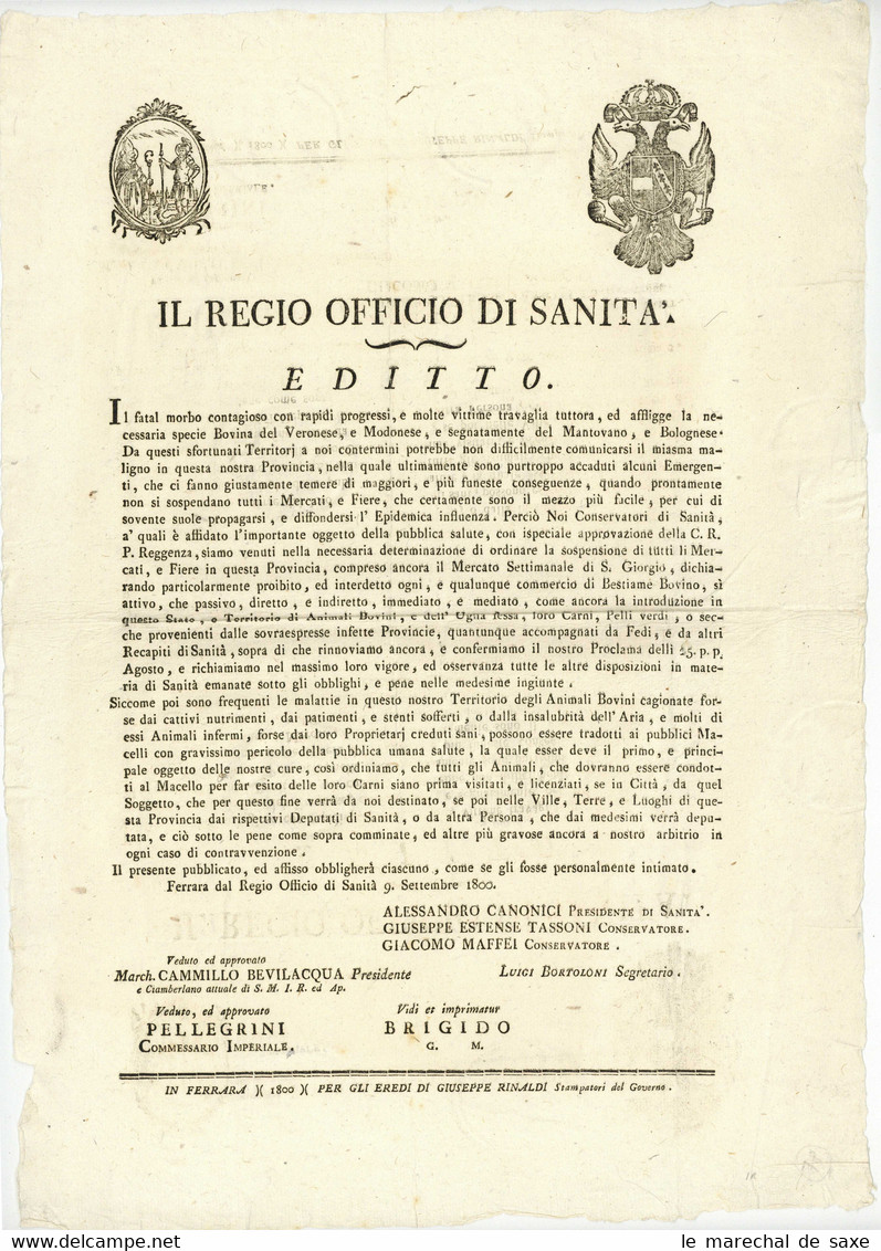 Ferrara 1800 Regio Officio Di Sanita Editto Affiso Morbo Contagioso - Decrees & Laws