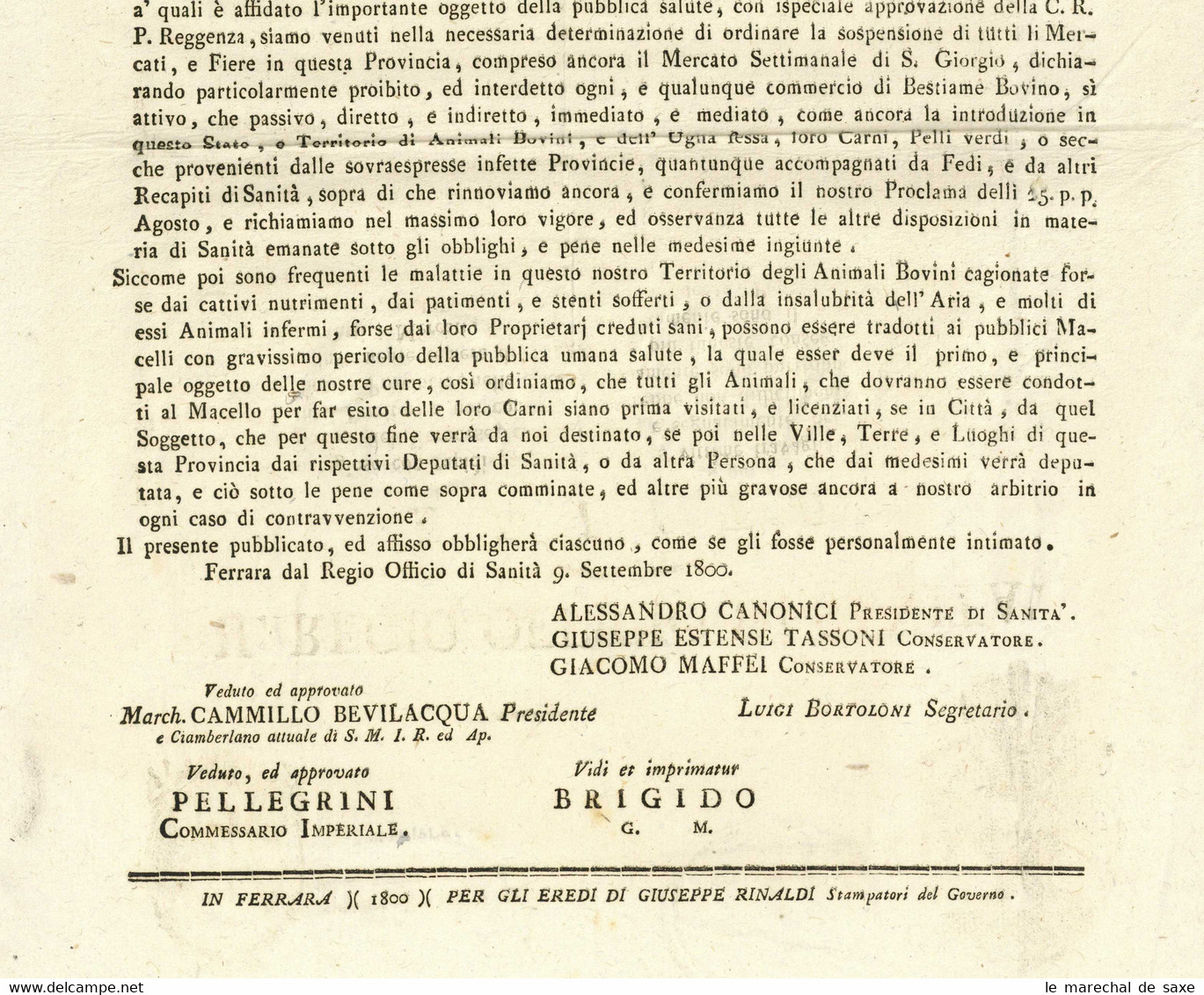Ferrara 1800 Regio Officio Di Sanita Editto Affiso Morbo Contagioso - Decretos & Leyes