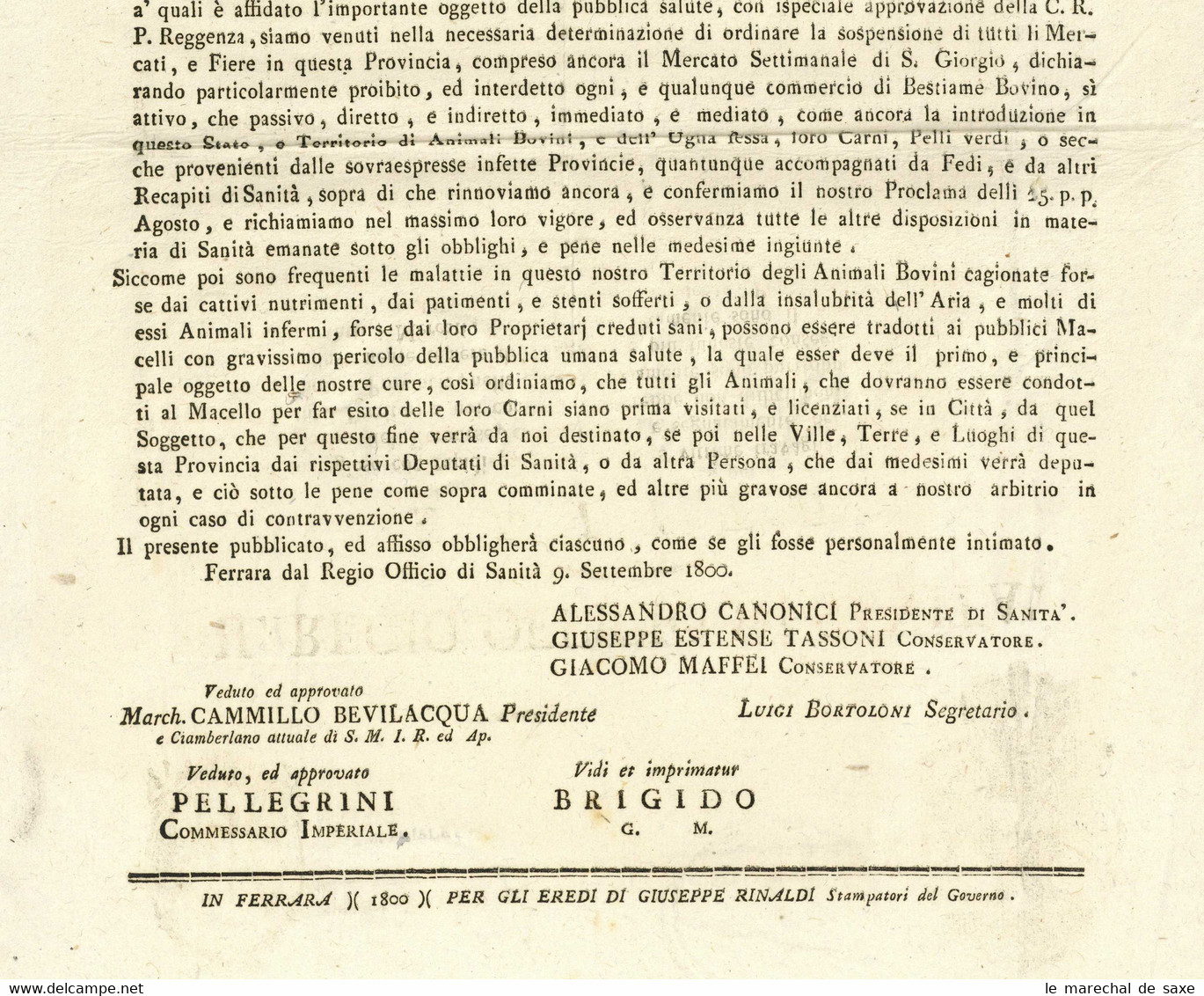 Ferrara 1800 Regio Officio Di Sanita Editto Affiso Morbo Contagioso - Wetten & Decreten