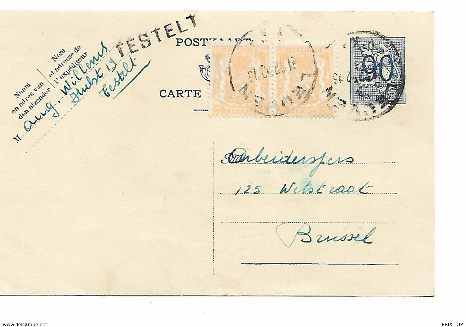 SP143/ Entier CP 90c + TP C.Leuven 1952 + Griffe Testelt > BXL - Langstempel