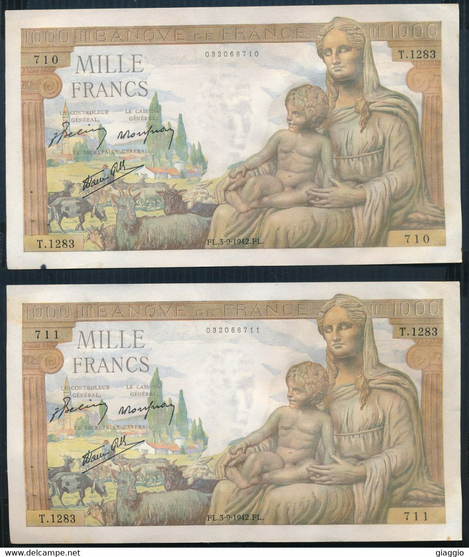 °°° FRANCE - 1000 FRANCS 3/9/1942 CONSECUTIVE °°° - 1 000 F 1942-1943 ''Déesse Déméter''