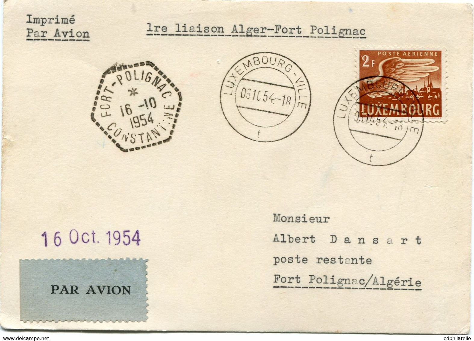 LUXEMBOURG IMPRIME PAR AVION DEPART LUXEMBOURG 06-10-54 POUR L'ALGERIE - Covers & Documents