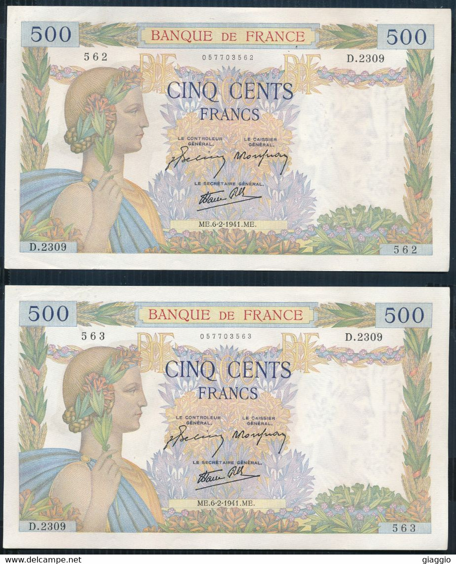 °°° FRANCE - 500 FRANCS 6/2/1941 CONSECUTIVE °°° - 500 F 1940-1944 ''La Paix''