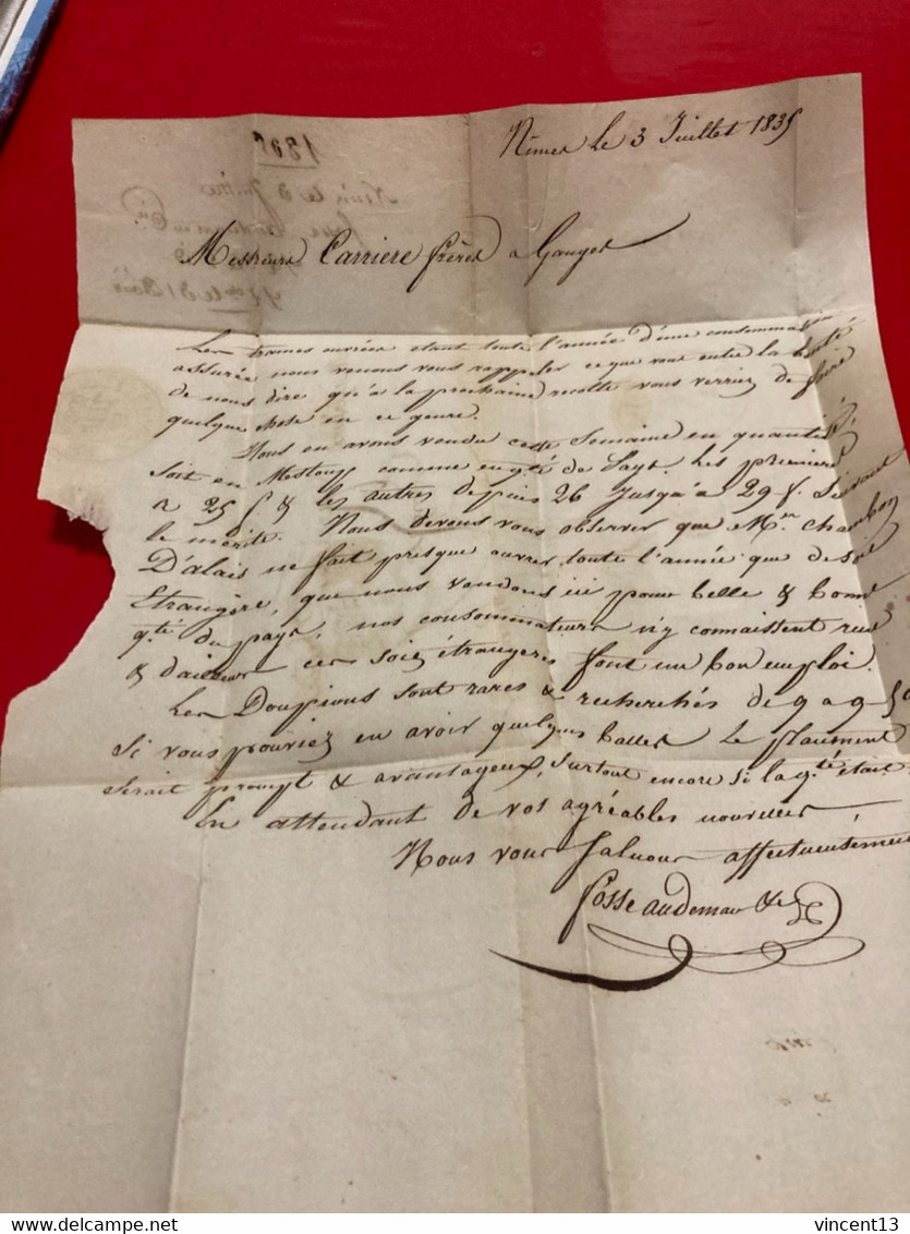 Lettre Précurseur 1835 Nîmes Pour Ganges Hérault Cachets Avec Fleurons Taxe 3 Décimé Peu Commun - 1801-1848: Vorläufer XIX