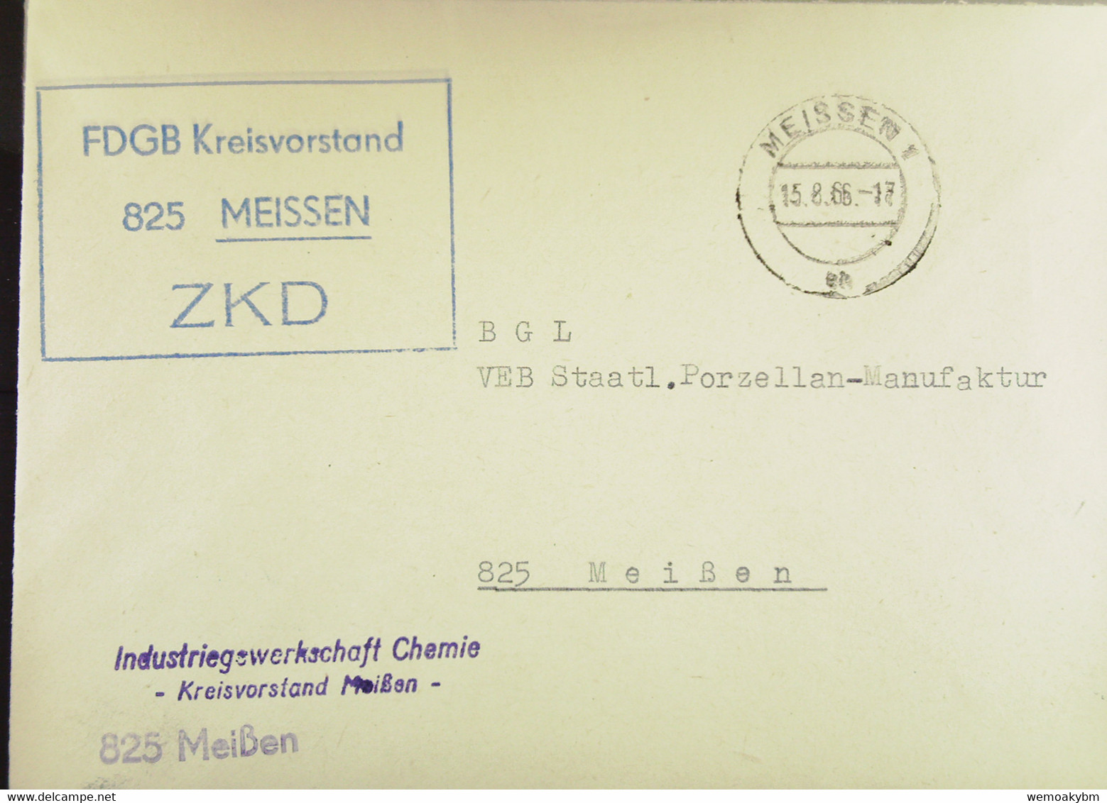 Orts-Brief Mit ZKD-Kastenstempel "FDGB Kreisvorstand 825 MEISSEN" Vom 15.8.66 An VEB Staatl. Porzellanmanufaktur Meißen - Central Mail Service