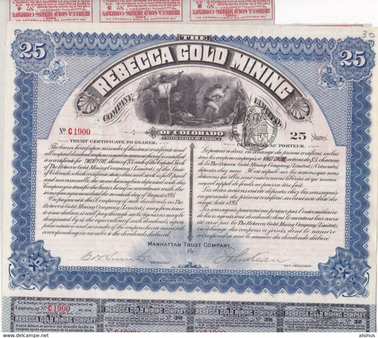 REBECCA GOLD MINING - COMPANY LIMITED OF COLORADO - CERTIFICAT AU PORTEUR DE 25 ACTIONS DE 5 DOLLARS CHACUNE - A - C