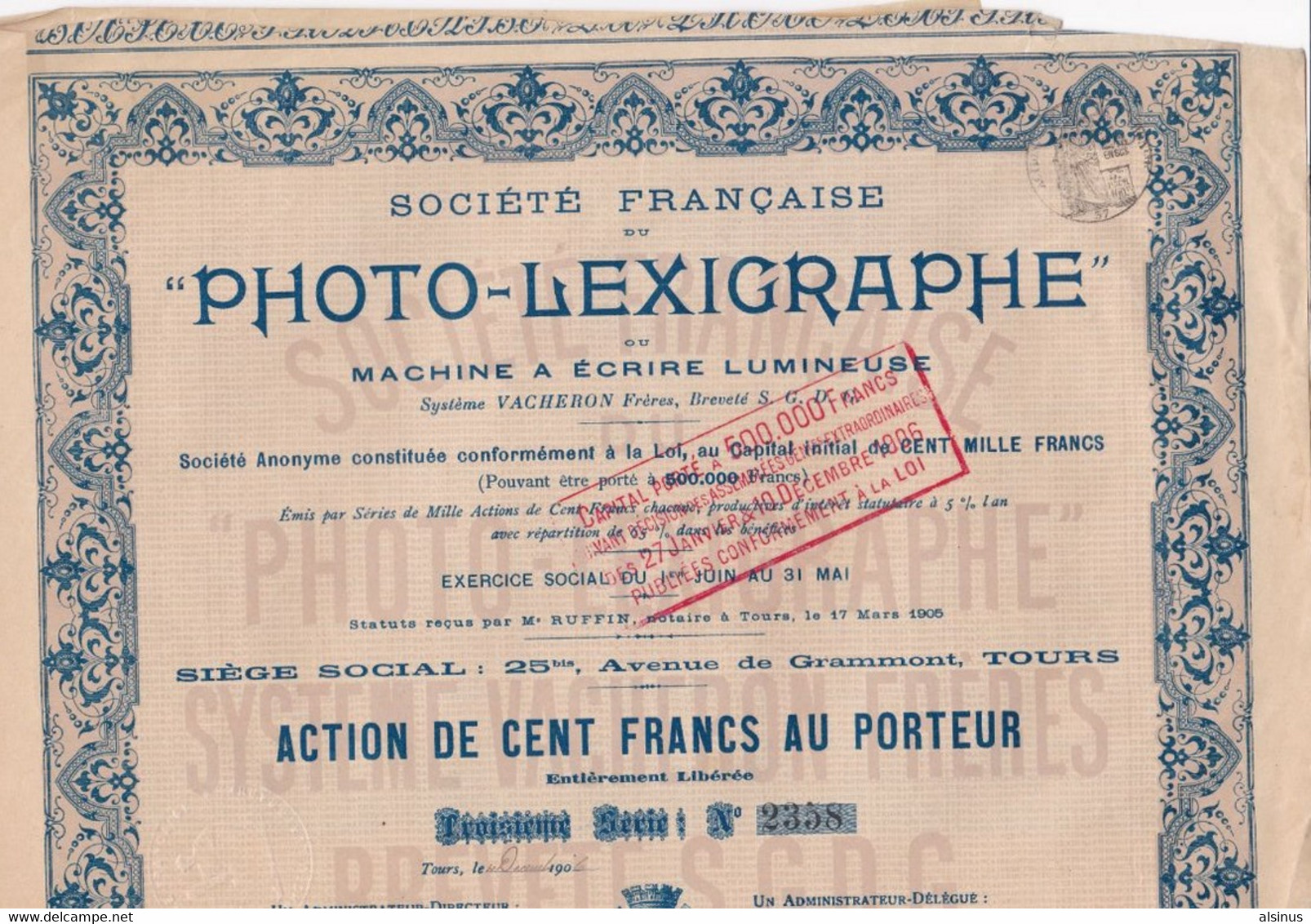 SOCIETE FRANCAISE PHOTO-LEXXIGRAPHE - MACHINE A ECRIRE LUMINEUSE - ACTION DE 100 FRANCS - P - R