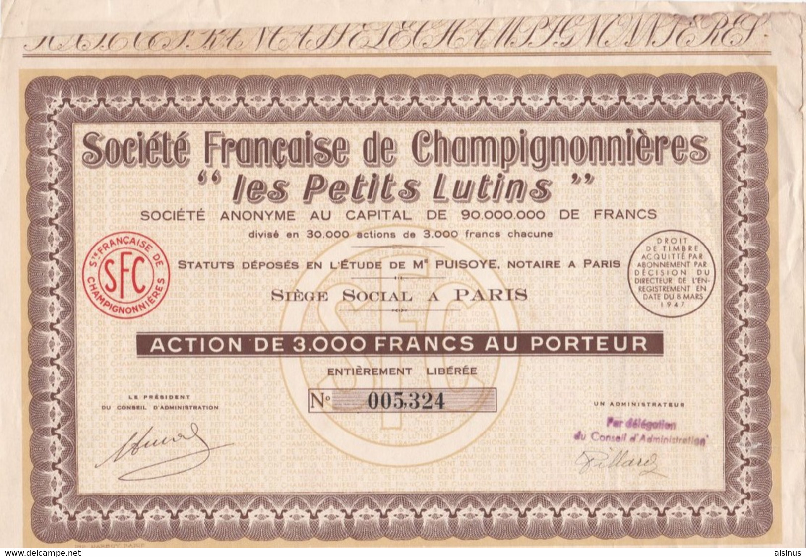 SOCIETE FRANCAISE DE CHAMPIGNONNIERES "LES PETITS LUTINS" - ACTION DE 3 000 FRANCS - A - C