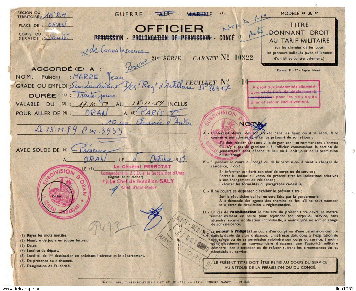 VP19.013 - MILITARIA - ORAN 1957 - Titre De Congé - Soldat J.MARRE Sous Lt 3/24 Rgt D'Artillerie Pour Aller à PARIS - Documents