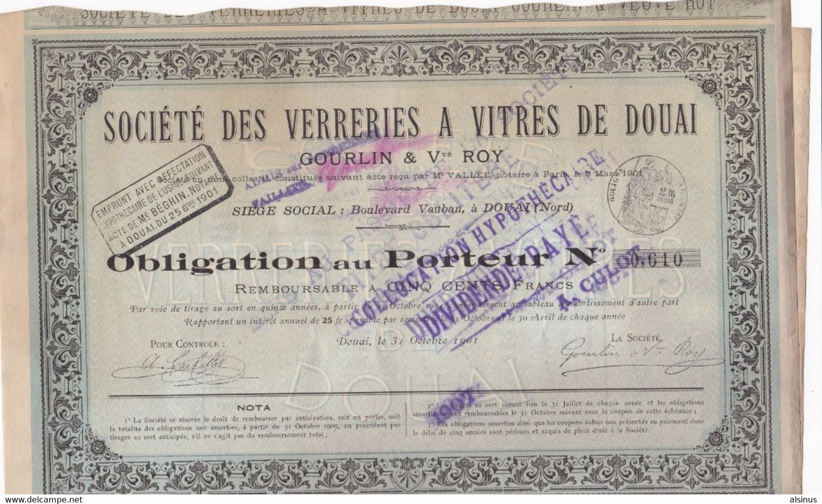 FRANCE - SOCIETE DES VERRERIES A VITRES DE DOUAI - OBLIGATION AU PORTEUR - A - C