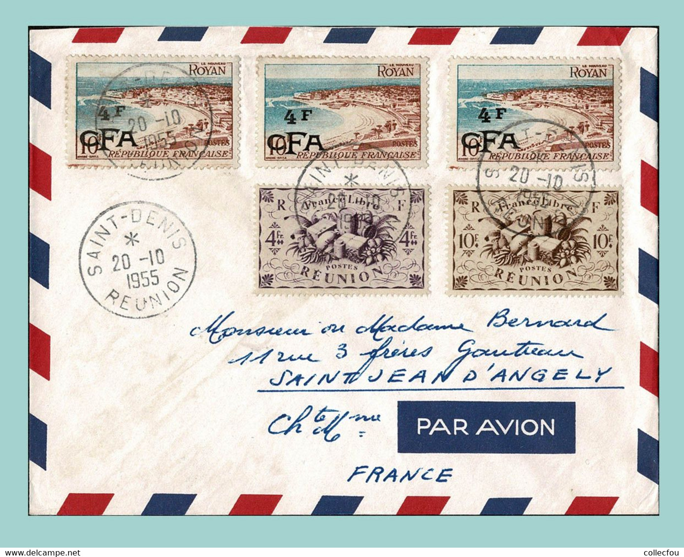 1955. Enveloppe Affranchie Lettre Par AVION De SAINT-DENIS De La RÉUNION à 17 St JEAN D'ANGÉLY - Lettres & Documents