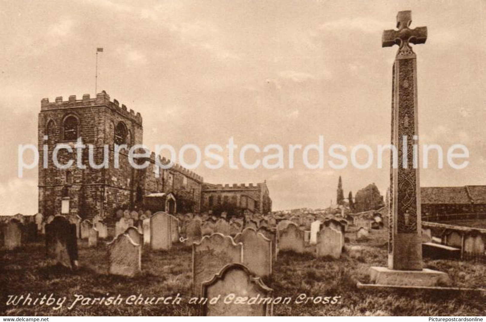 WHITBY PARISH CHURCH AND CROSS OLD B/W POSTCARD YORKSHIRE - Whitby