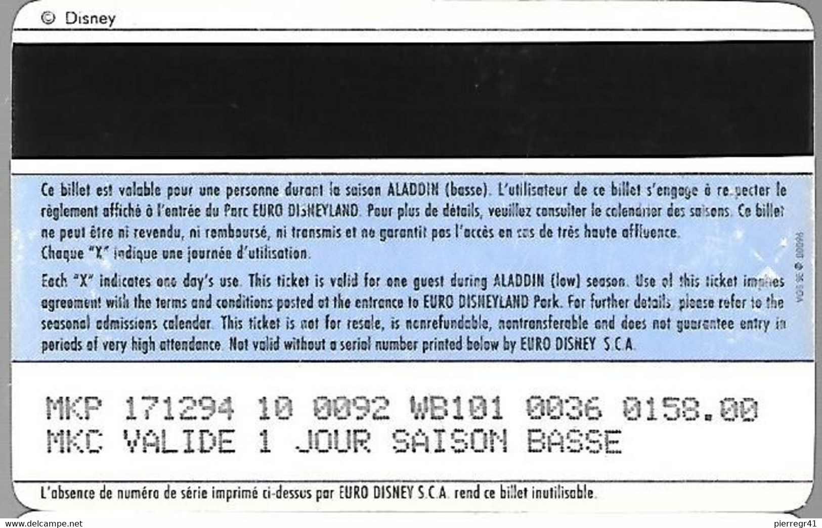 PASS--EURODISNEYLAND-ALADDIN- V°N° VGS SE 00096--Valide 1 Jour Saison Basse-BE -RARE - Passeports Disney