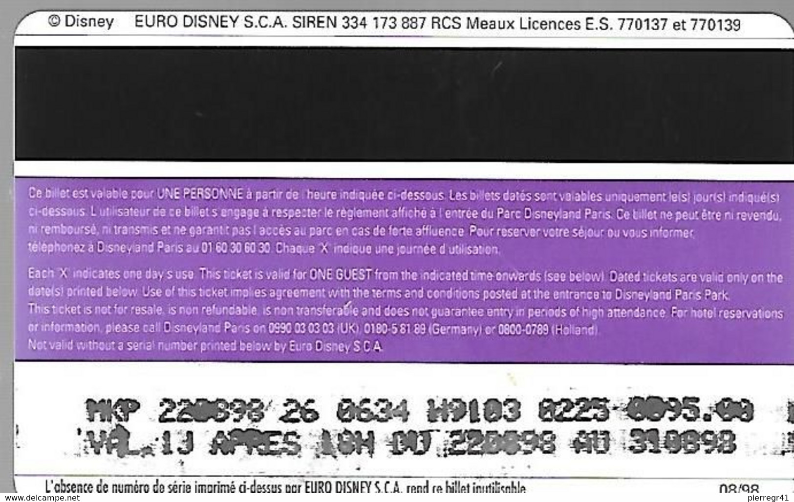 PASS-DISNEYLAND-STARNIGHTS-ADULTE- V°N°08/98-Valide Apres 18H-TBE -RARE - Pasaportes Disney