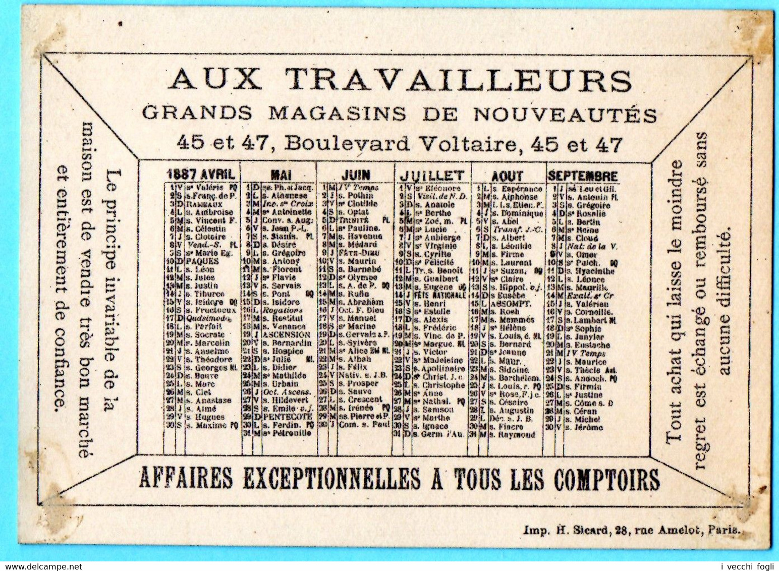 Chromo Aux Travailleurs. Calendrier 1887 Avril à Septembre. Militaria. Uniformes Militaires. École St. Cyr. Imp. Sicard - Tamaño Pequeño : ...-1900