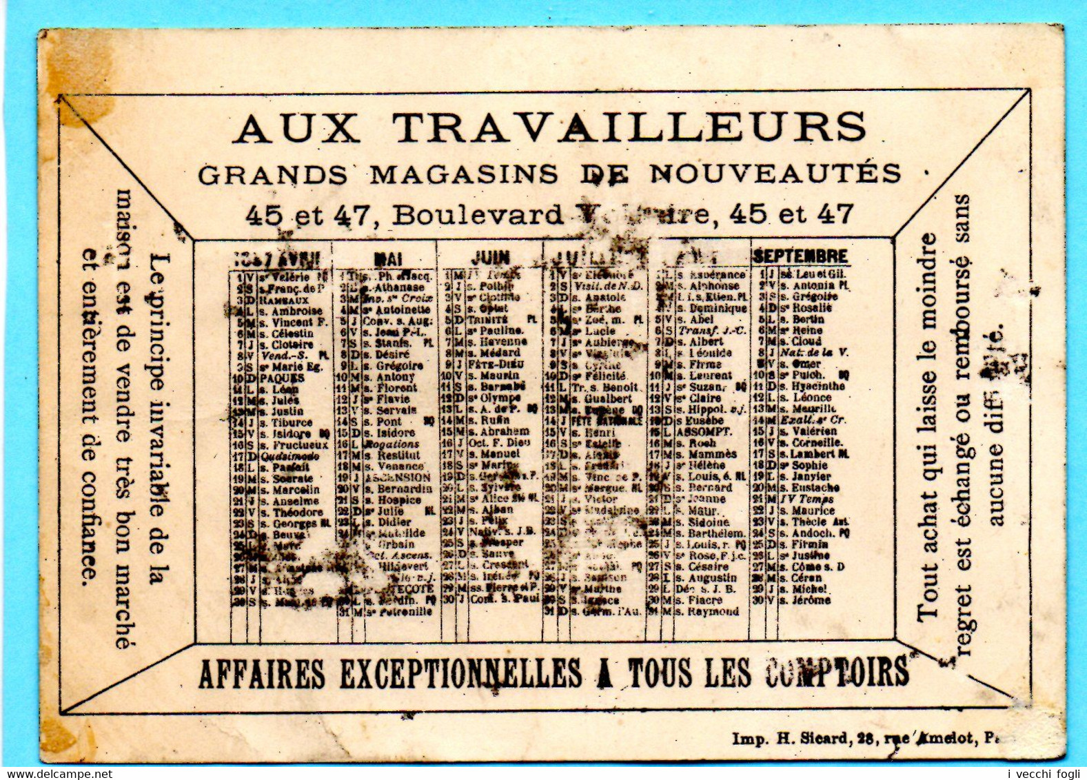 Chromo Aux Travailleurs. Calendrier 1887 Avril à Septembre. Uniformes Militaires. Garde Républicaine. Infanterie. Sicard - Petit Format : ...-1900