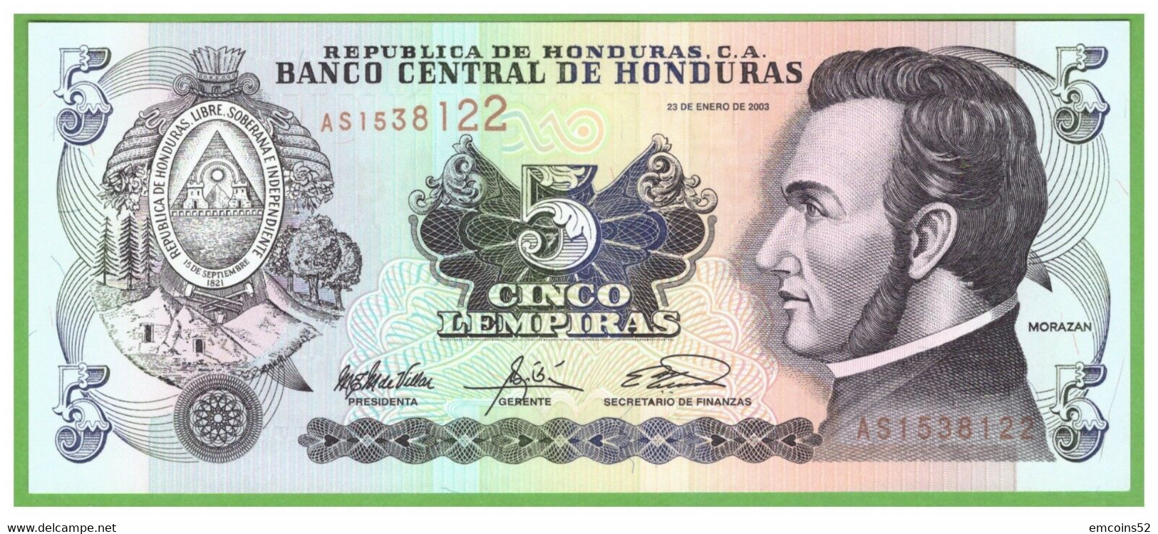 HONDURAS 5 LEMPIRAS 2003  P-85c UNC - Honduras