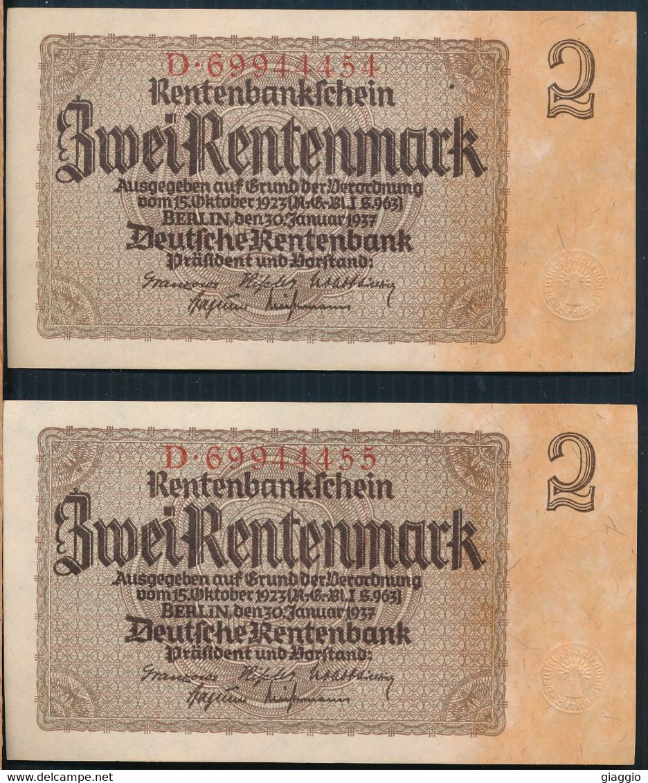 °°° GERMANY - 2 RENTENMARK 1937 CONSECUTIVE °°° - 2 Rentenmark