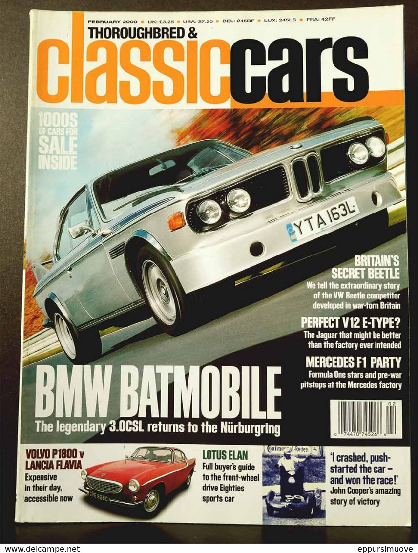 THOROUGHBRED & CLASSIC CARS Feb 2000 - JAGUAR V12 E-TYPE MERCEDES F1 BMW 3.0CSL VOLVO P1800 LANCIA FLAVIA LOTUS ELAN - Trasporti