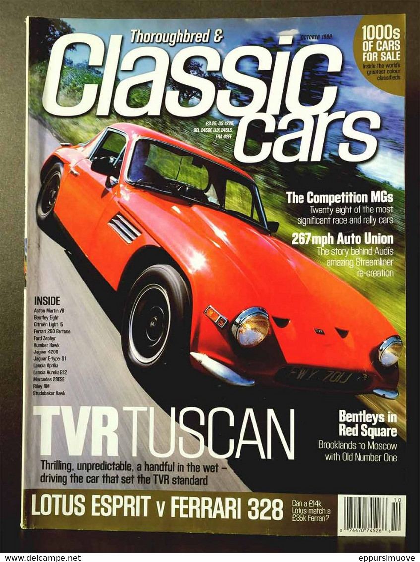 THOROUGHBRED & CLASSIC CARS Oct 1999 - LOTUS ESPRIT FERRARI 328 TVR TUSCAN BENTLEY FORD ZEPHYR LANCIA APRILIA STUDEBAKER - Transports