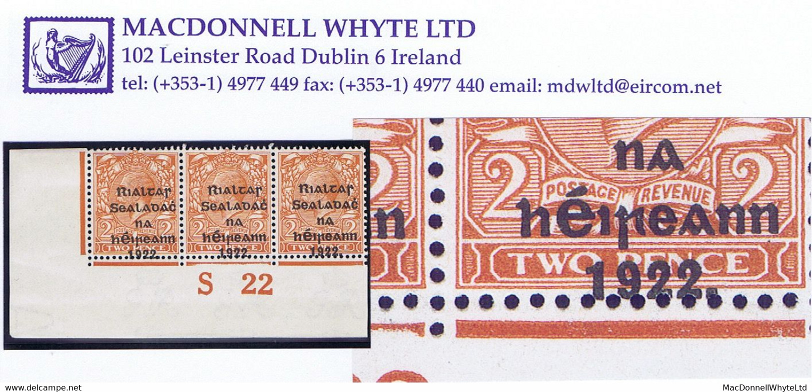 Ireland 1922 Thom Rialtas 5-line Black Overprint On 2d Orange Die2, Ovpt Misplaced Low, Control S22 Imperf - Ungebraucht