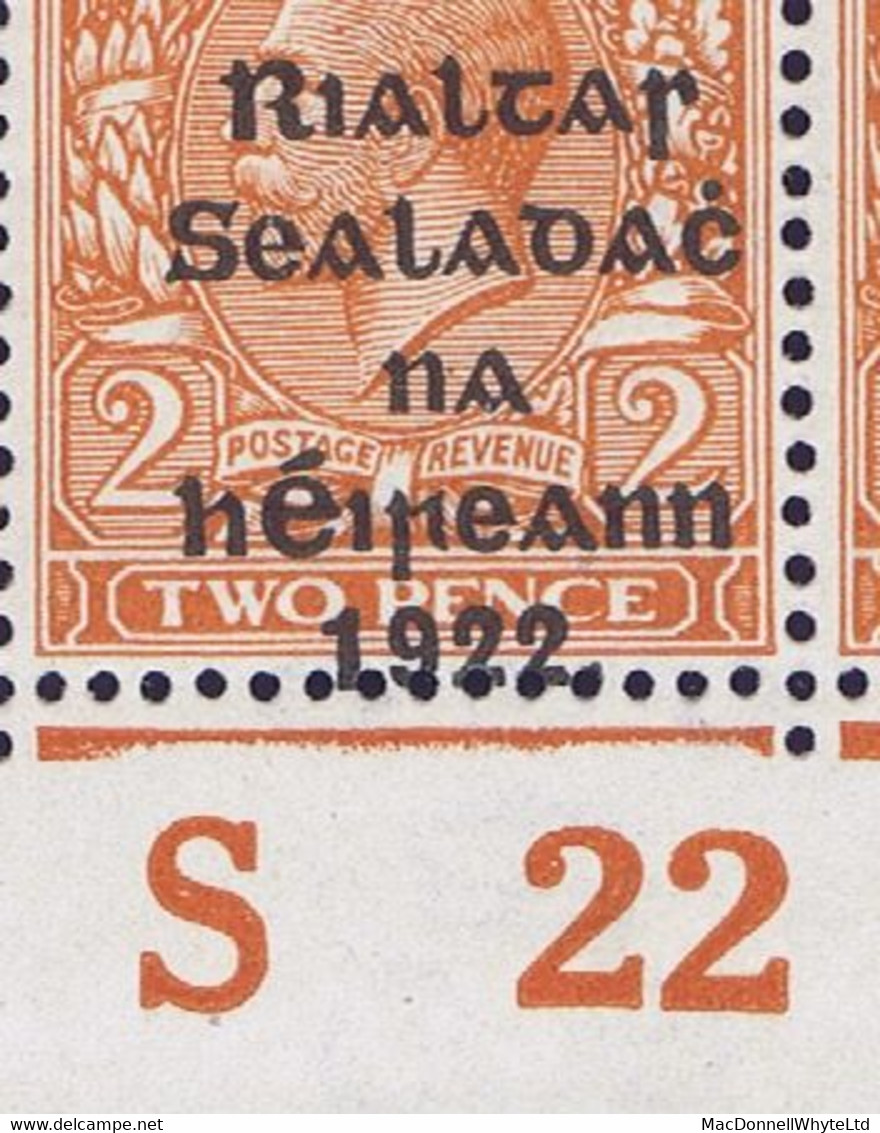 Ireland 1922 Thom Rialtas 5-line Black Overprint On 2d Orange Die2, Ovpt Misplaced Low, Control S22 Imperf - Neufs