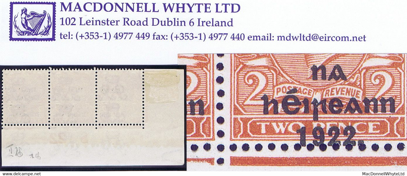 Ireland 1922 Thom Rialtas 5-line Black Overprint On 2d Orange Die2, Ovpt Misplaced Low, Control S22 Imperf - Neufs