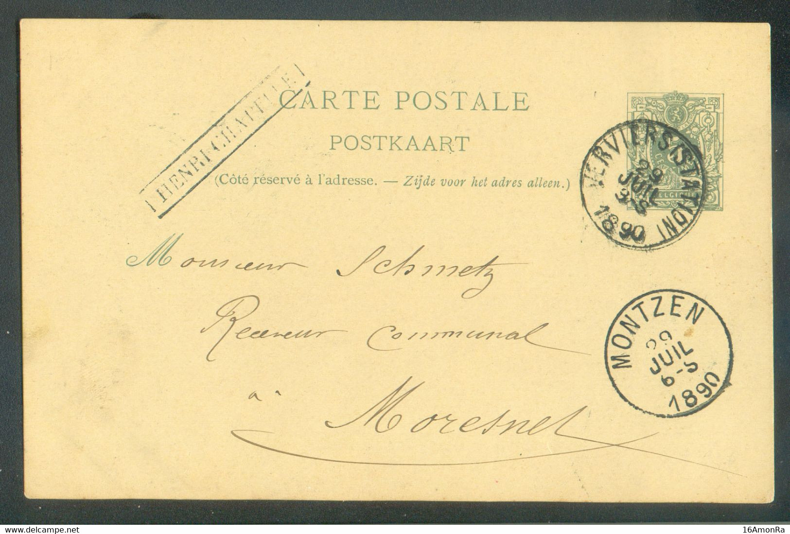 E.P. Carte 5c. Obl. Sc VERVIERS (STATION) Du 29/7/1990 + Griffe HENRI-CHAPELLE Vers Moresnet.  - 18998A - Linear Postmarks