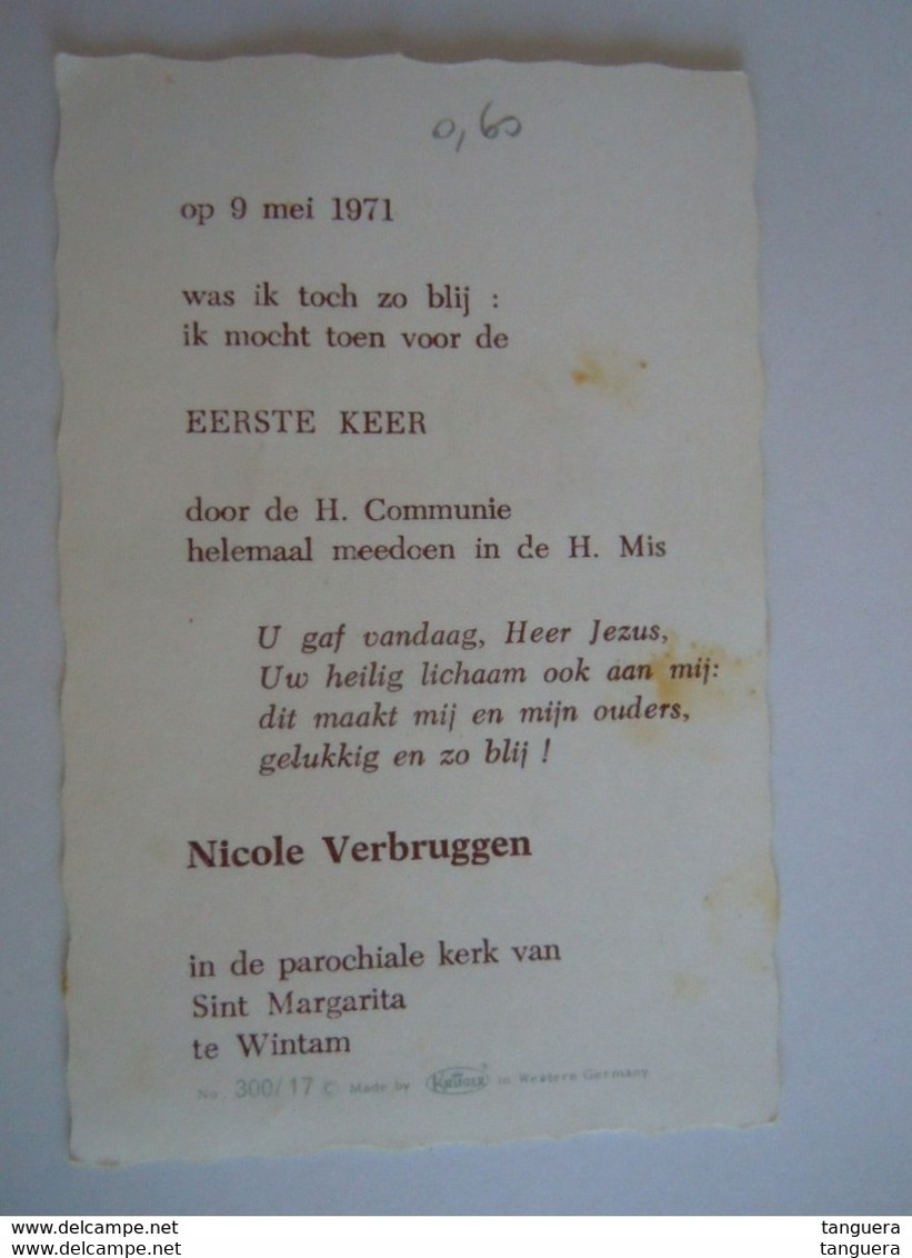 Communie Nicole Verbruggen 1971 Wintam Image Pieuse Holy Card Santini Kruger 300/17 - Andachtsbilder