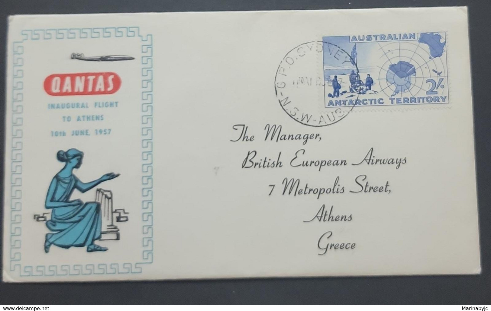 SP) 1957 AUSTRALIA, MAP, INAUGURAL FLIGHT TO ATHENS FDC, CIRCULATED FROM AUSTRALIA TO GREECE, XF - Altri & Non Classificati