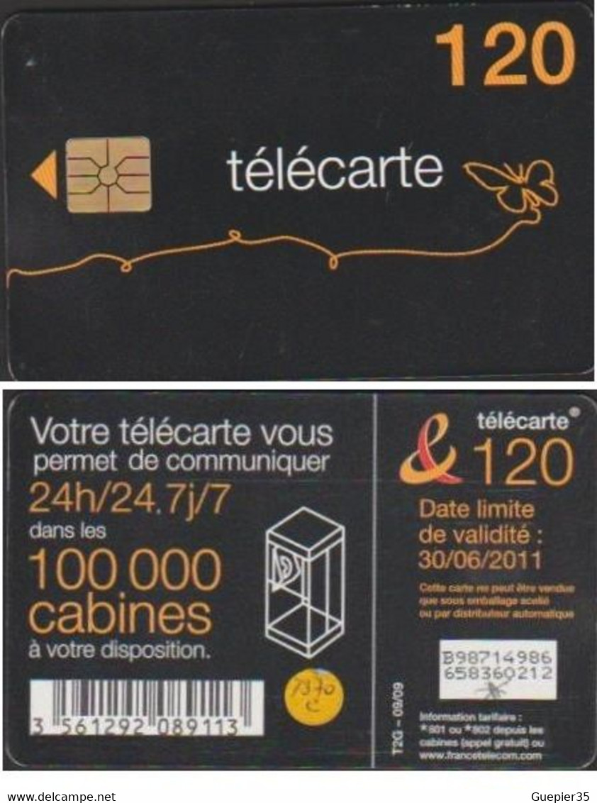 F1370C  PAPILLON 2 TELECARTE  VERSO AVEC CODE BARRE 120 U 2009-09 VAL 30/06/2011 - 2009