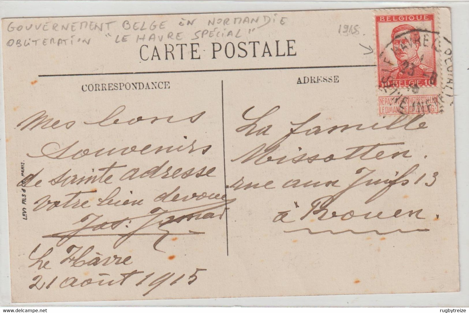 4898 Carte Le Havre La Villa Maritime - Cachet LE HAVRE Spécial 1915 Sainte Adresse Gouvernement Belge En Normandie - Sonstige & Ohne Zuordnung