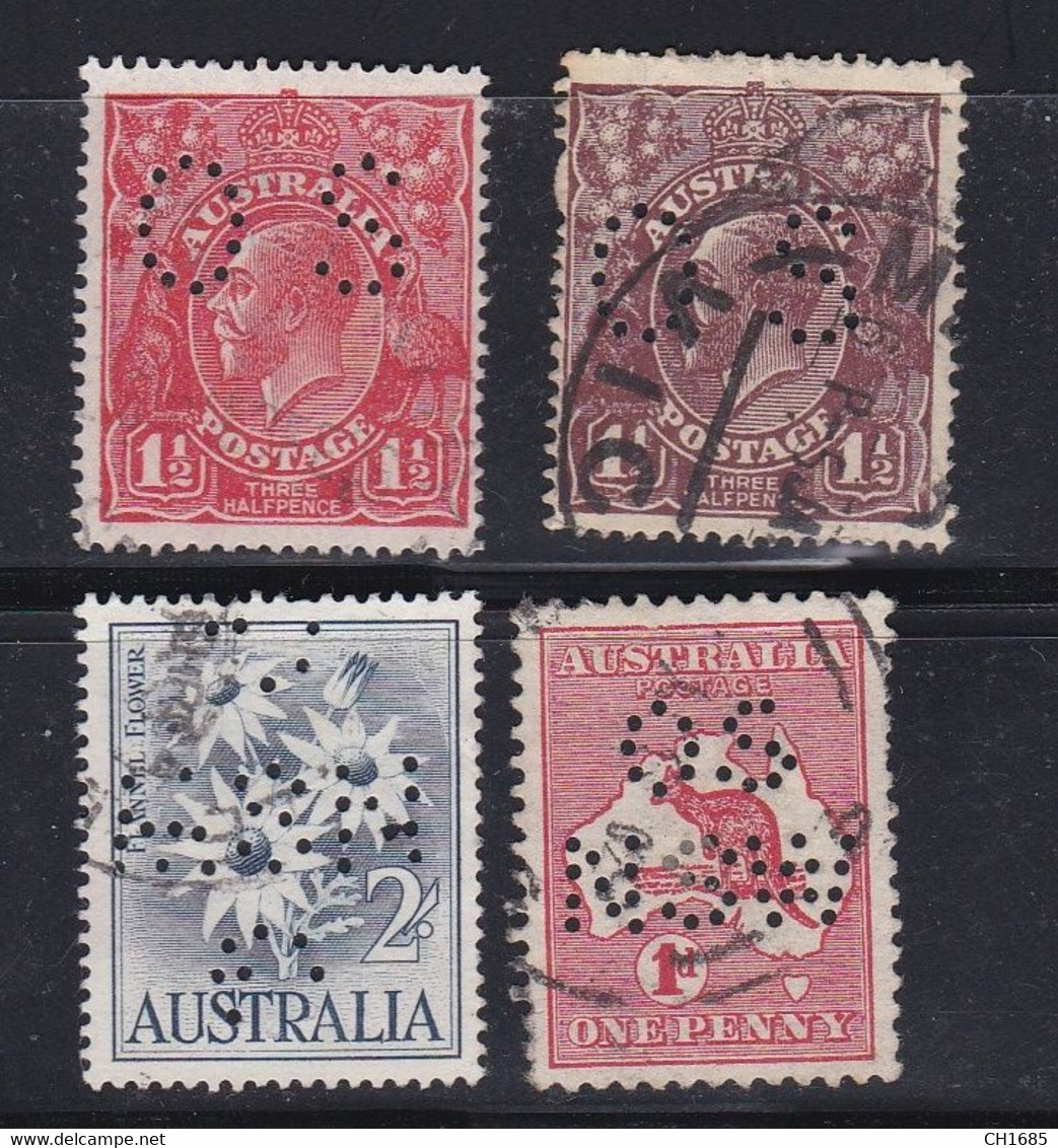 AUSTRALIE : Perfin Perforé  4 Timbres Perforations Diverses Oblitérés - Perfins