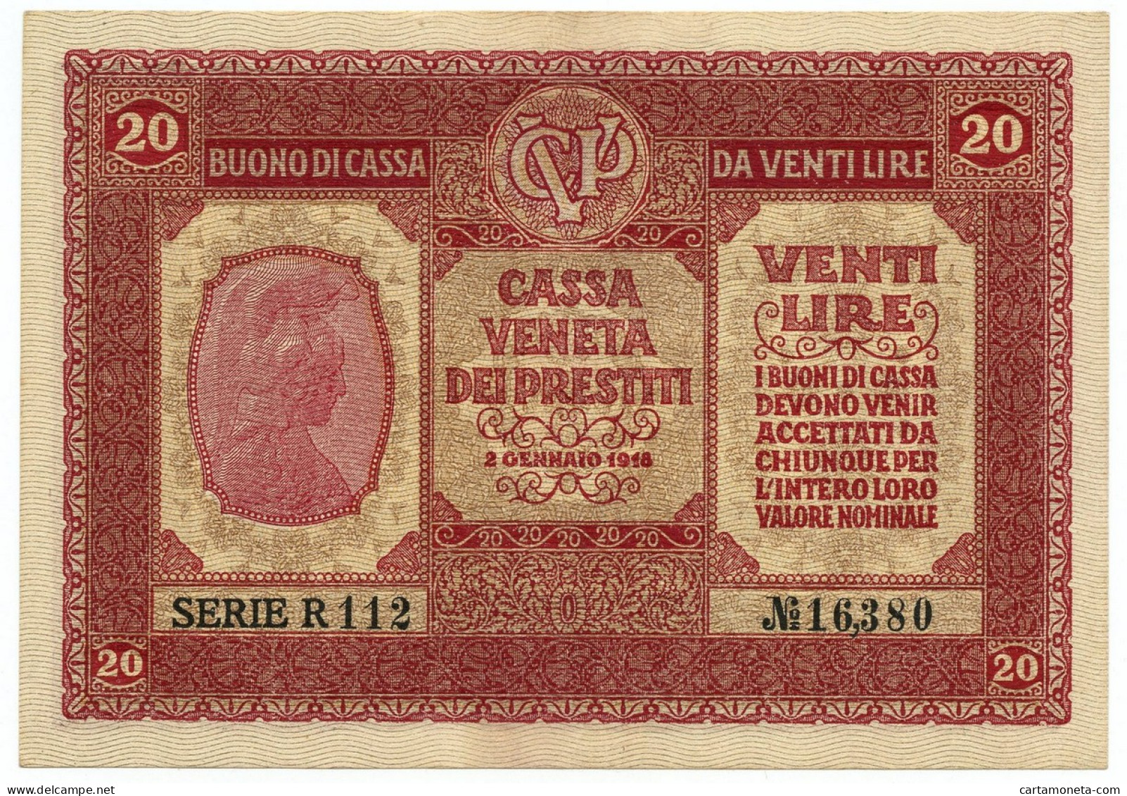 20 LIRE CASSA VENETA DEI PRESTITI OCCUPAZIONE AUSTRIACA 02/01/1918 SPL - Austrian Occupation Of Venezia