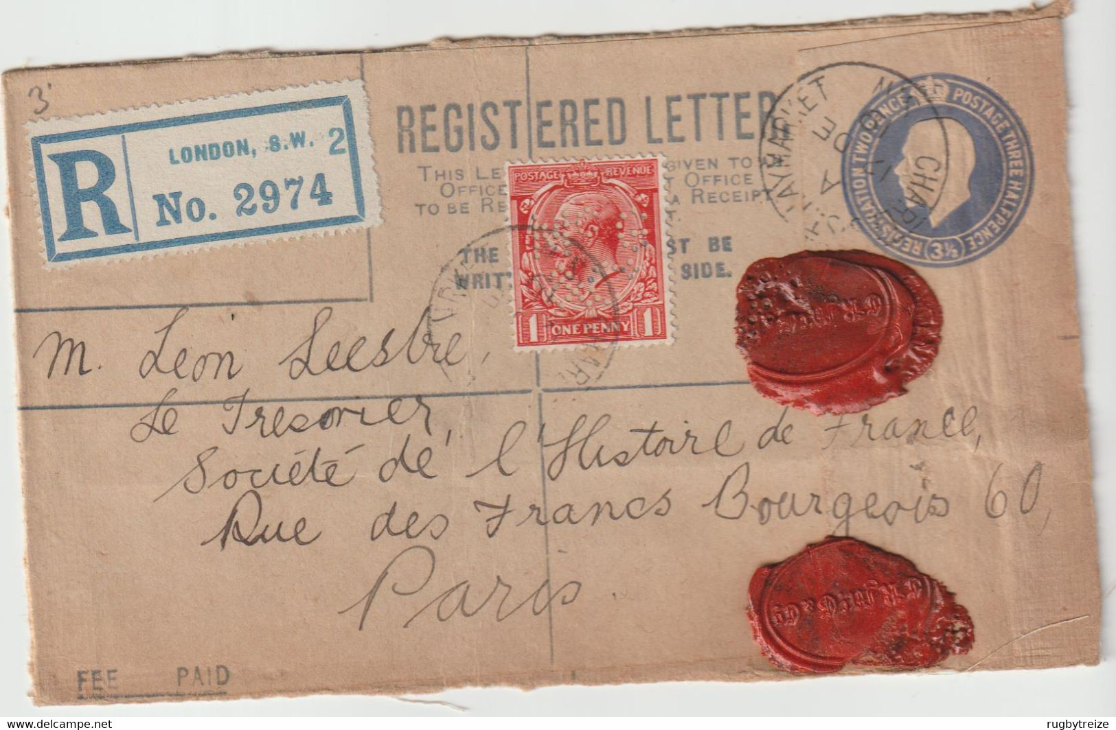 4913 Devant De Lettre Recommandé Registered Perforé Perforated LONDON CHARLES ST. HAYMARKET 1919 Entier Postal - Perfin