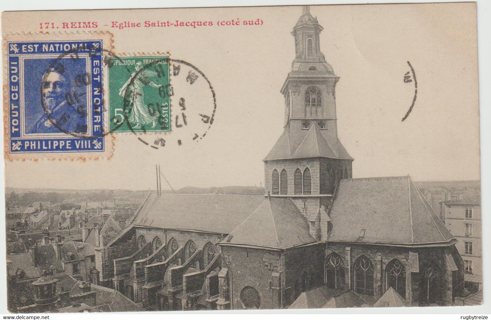 4919 Porte Timbre Tout Ce Qui Est National Est Notre PHILIPPE VIII Reims 1909 Vignette Reims Eglise Saint Jacques - Covers & Documents