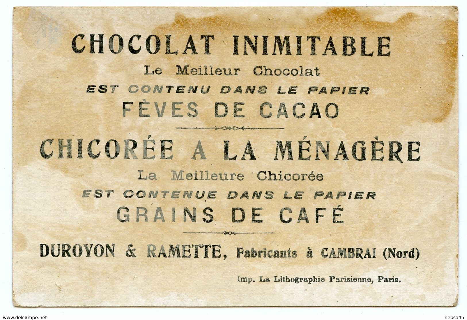 Chromo Publicitaire.chocolat Duroyon & Ramette.Cambrai.Nord.la Bière. - Duroyon & Ramette