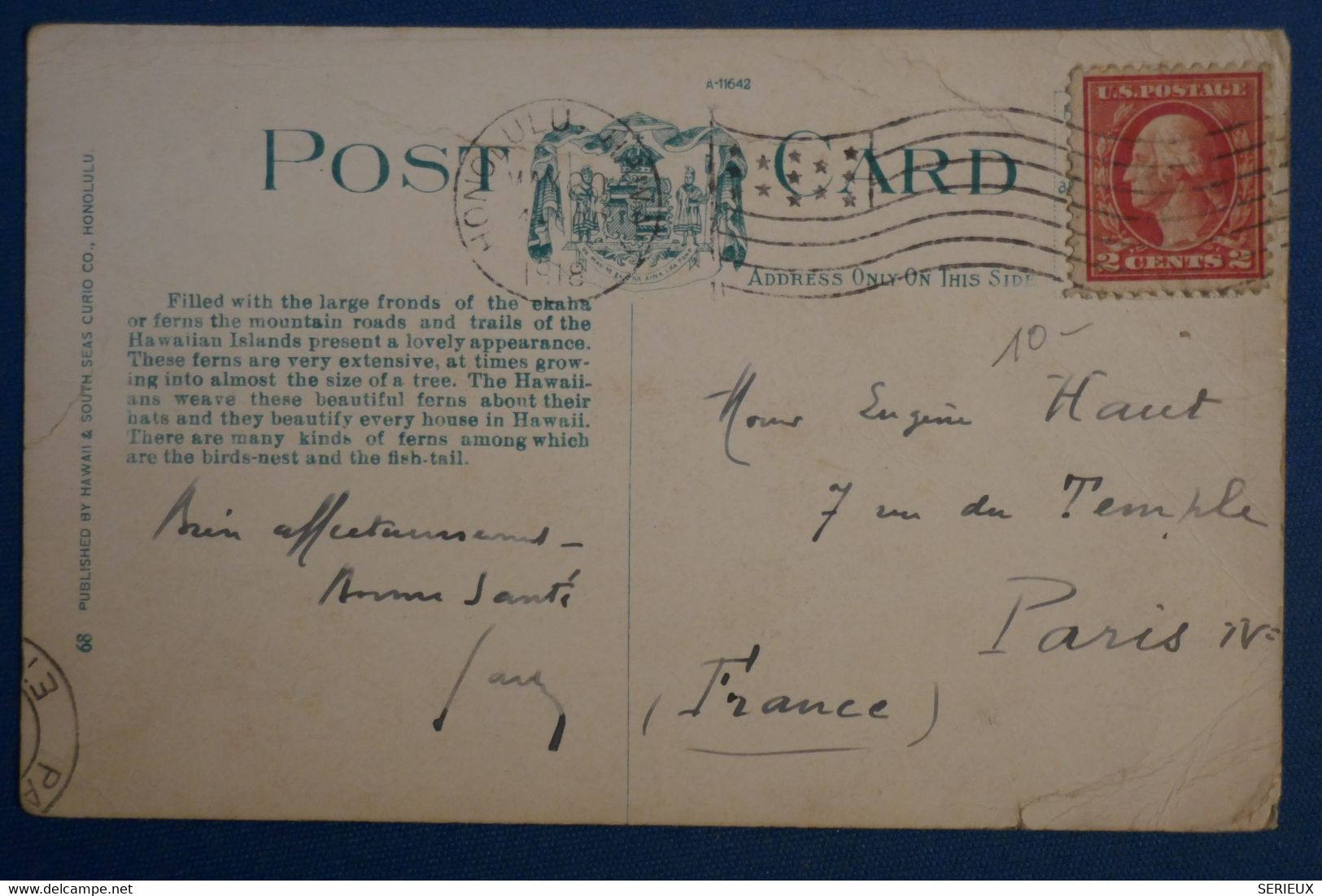 AN4  ETATS UNIS BELLE CARTE 1918 HAWAI  POUR PARIS RUE DU TEMPLE +AFFRANCH. PLAISANT - Brieven En Documenten