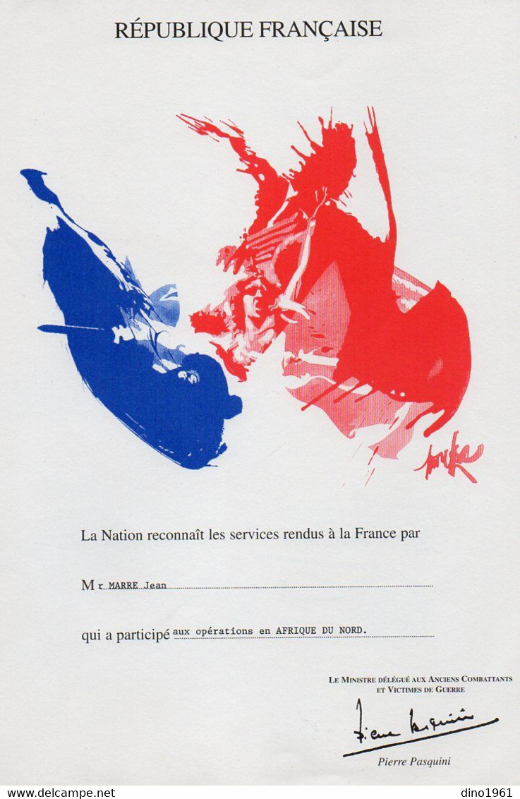 VP19.014 - MILITARIA - PARIS1996 - Certificat / Diplôme - Soldat J. MARRE - Dokumente