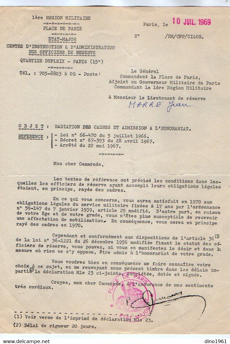 VP19.016 - MILITARIA - PARIS1969 - Document Concernant Le Soldat J.MARRE Lieutenant De Réserve - Documentos