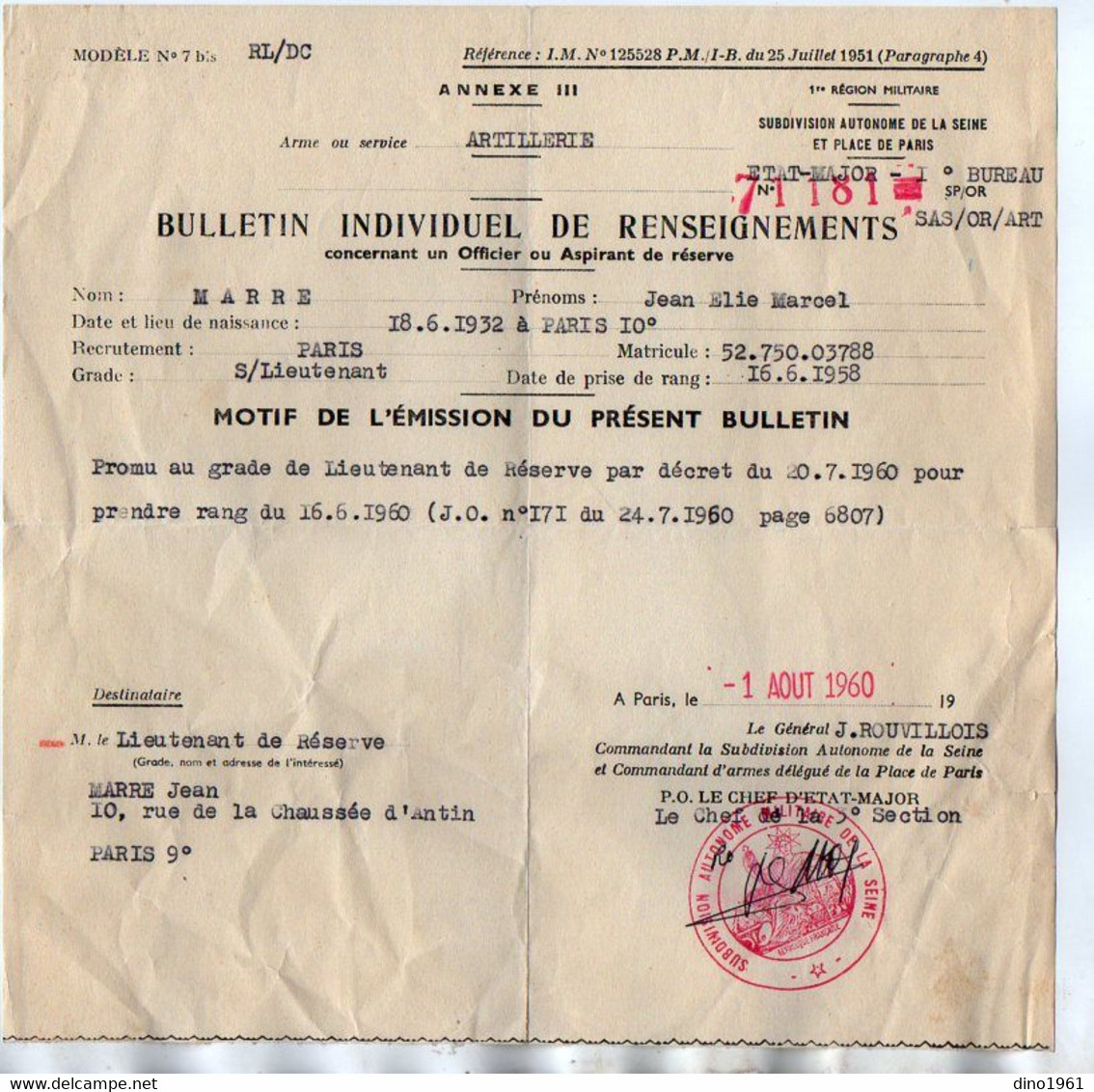 VP19.017 - MILITARIA - PARIS1960 - Document Concernant Le Soldat J.MARRE Sous Lieutenant De Réserve - Dokumente