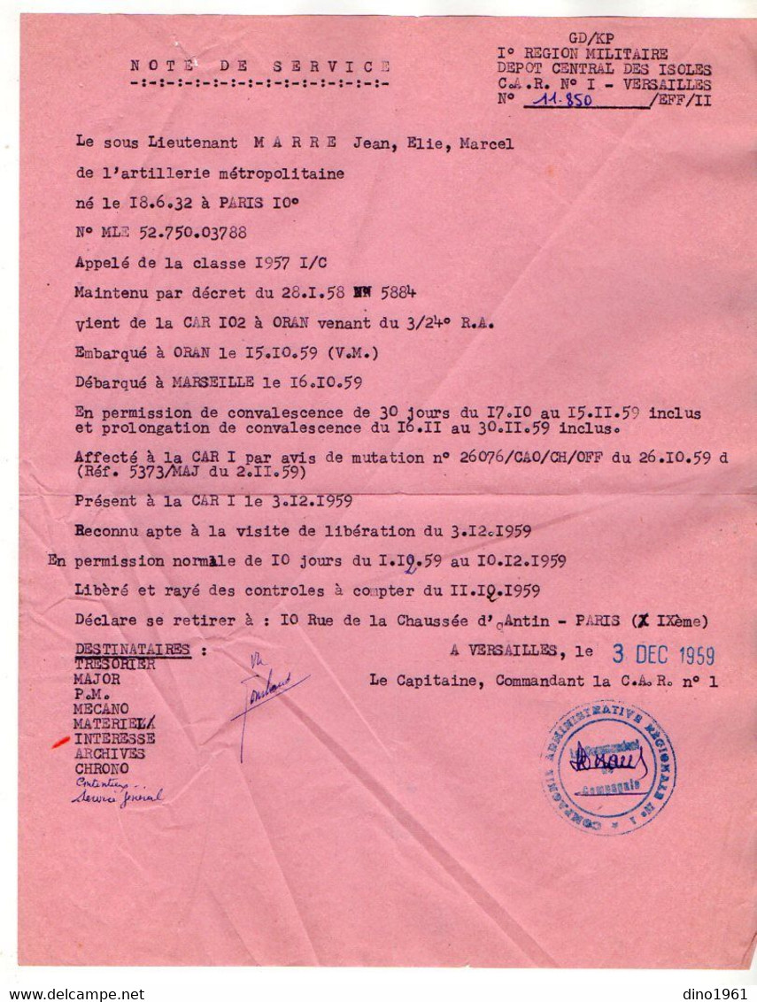 VP19.019 - MILITARIA - VERSAILLES 1959 - Note Concernant Le Soldat J.MARRE - Dokumente